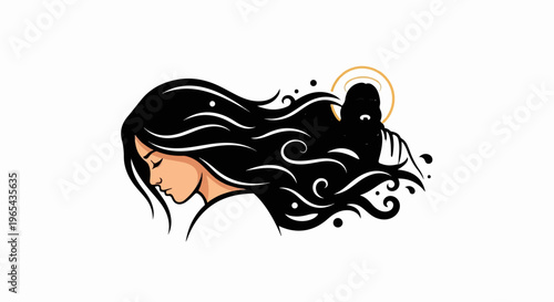 A profile of a woman's face with long black hair flowing outwards