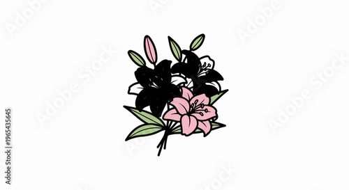 A simple illustration of lily flowers in black, pink, and green hues