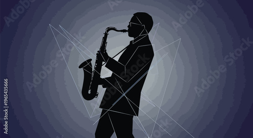 Saxophone player silhouette, jazz music icon, musical instrument, geometric background