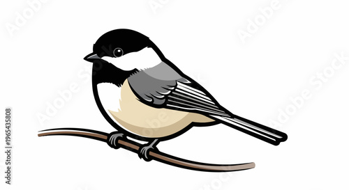 A cartoon black-capped chickadee perched on a brown branch