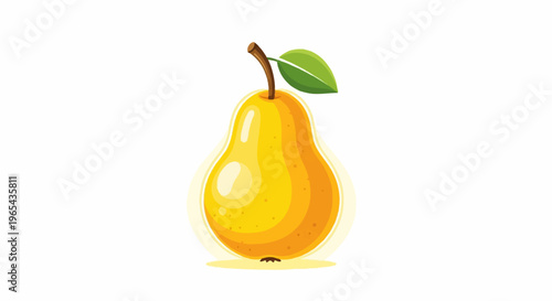 A bright yellow pear with a single green leaf and stem