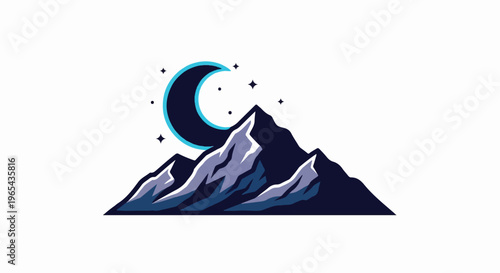 A stylized crescent moon hovers over jagged, snow-capped mountains under a starry night sky