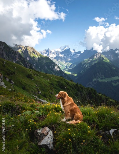 A dog enjoys breathtaking mountain views. It sits among wildflowers on a lush hillside, looking towards distant, snowy peaks under a blue sky