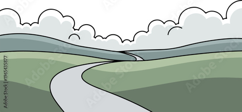 A winding path leads through rolling green hills under a cloudy sky