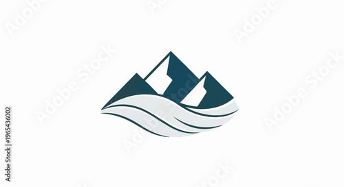 Abstract graphic depicting three dark teal mountain peaks over flowing light gray waves