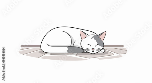 Adorable white cat with gray markings sleeping peacefully on a stone patio