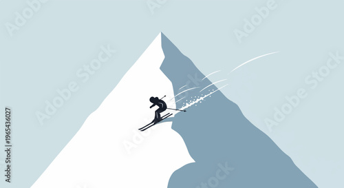 A lone skier descends a steep, snowy mountain slope in silhouette