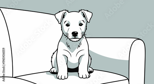 Adorable puppy with expressive eyes sits patiently on a plush couch, waiting