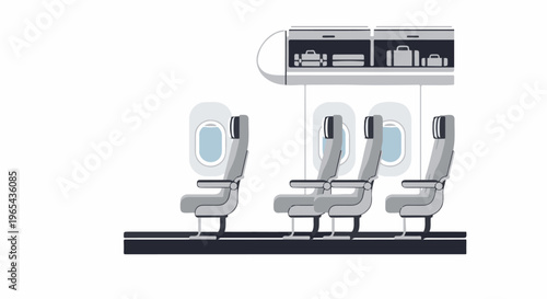 A simplified view inside an airplane cabin with seats and luggage