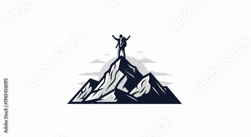 A solitary figure stands triumphantly on a mountain peak, arms raised