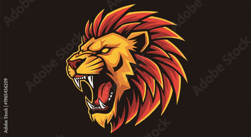 Fierce lion head illustration with fiery mane and dark background