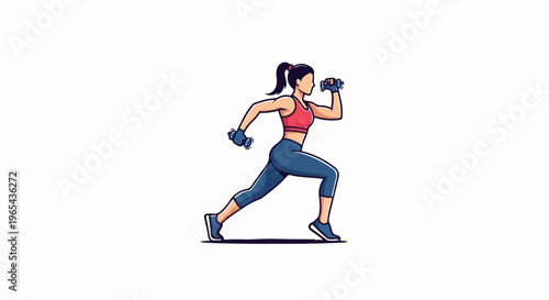 Woman running with dumbbells and wearing athletic attire