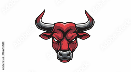 Fierce red bull's head with powerful horns, sharp eyes, and determined expression
