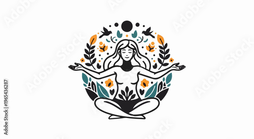 Woman meditating surrounded by nature elements and flying birds