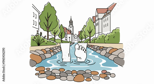 Feet cool off in a shallow stream running through a picturesque town