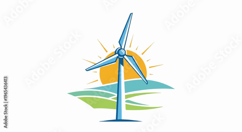 Stylized wind turbine with sun and rolling hills