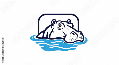 A stylized graphic of a hippopotamus emerging from blue water