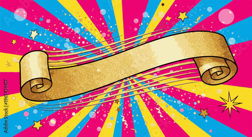 Festive burst with a golden scroll and confetti