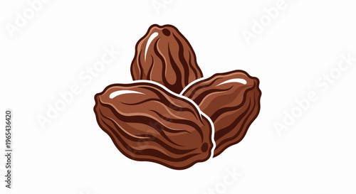 Three brown raisins with highlighted textures on a white background