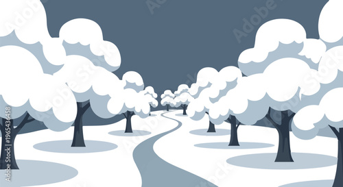 Stylized winter landscape with a winding path through snow-covered trees