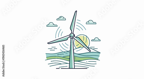 Stylized wind turbine on a hilly landscape with clouds and sun