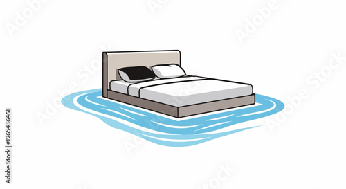 A cartoon bed is submerged in blue wavy water, representing a flood
