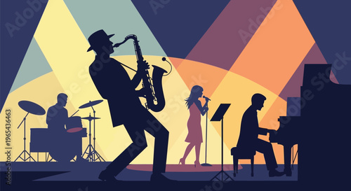 Jazz band, music silhouettes, colorful background, vector illustration, musical performance