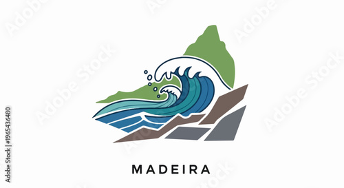Stylized wave crashes against a green mountain and rocky shore