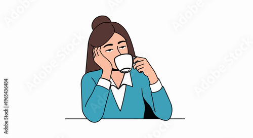 A bored woman with her hair in a bun drinks coffee