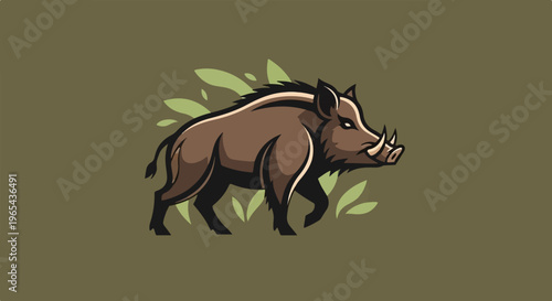 A stylized illustration of a wild boar with tusks walking through grass