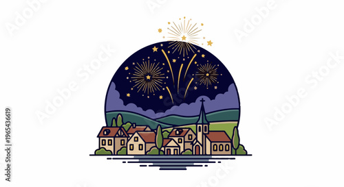 Festive fireworks light up a quaint village at night under a starry sky