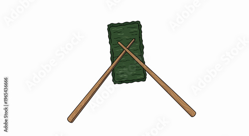 A green sheet of edible seaweed with two wooden chopsticks