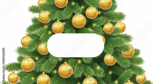 Festive green Christmas tree adorned with shiny golden baubles and soft glow lights