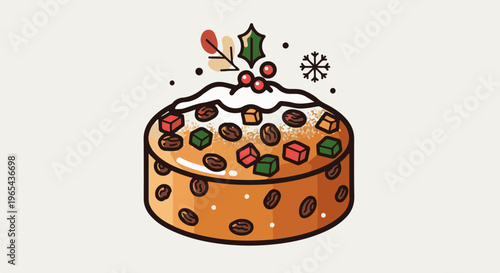 Festive fruitcake with frosting, candied fruit, and coffee beans
