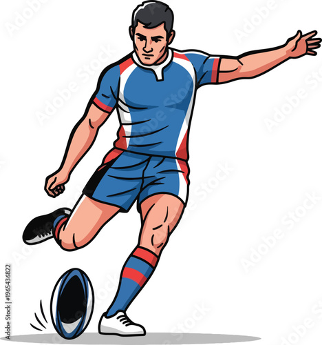 Illustration of a rugby player kicking a ball with his right foot, wearing a blue and red uniform on a white background with motion lines.