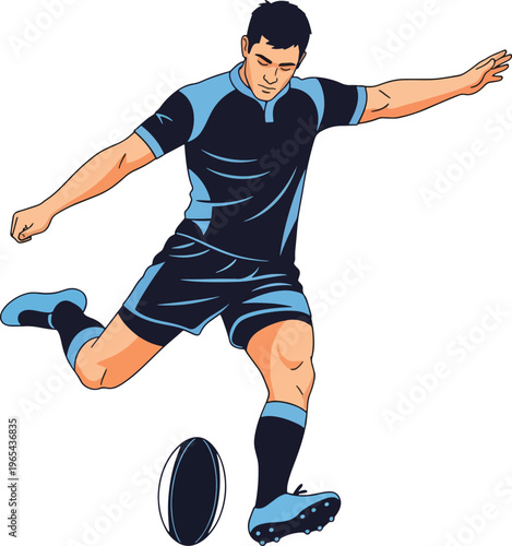 A male rugby player in action kicking a ball with his right leg on a plain white background.
