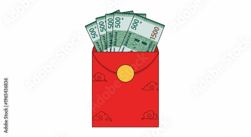 Festive red envelope brimming with money, adorned with auspicious clouds