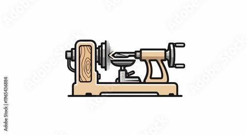 Stylized illustration of a woodworking lathe with a drill bit in action