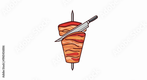 A vertical spit of meat is being carved by a knife