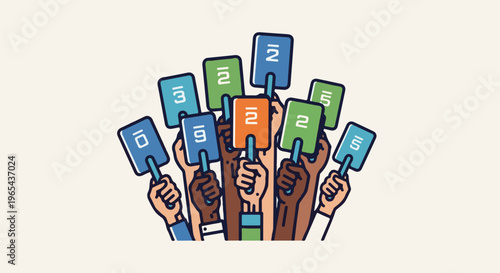 Diverse hands hold up numbered cards in a cheerful display