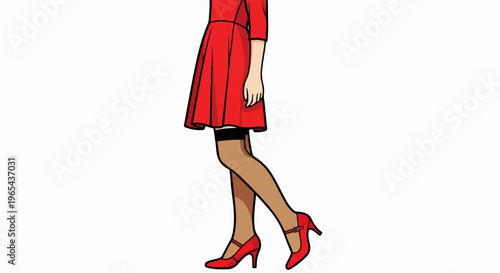 Animated woman in red dress, stockings, and heels