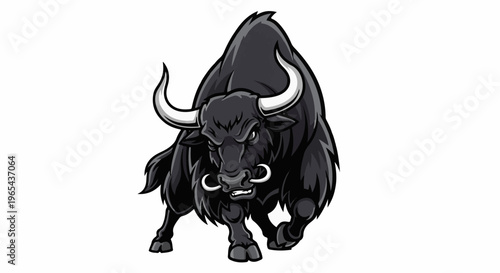 Fierce black bull with sharp horns charging forward aggressively