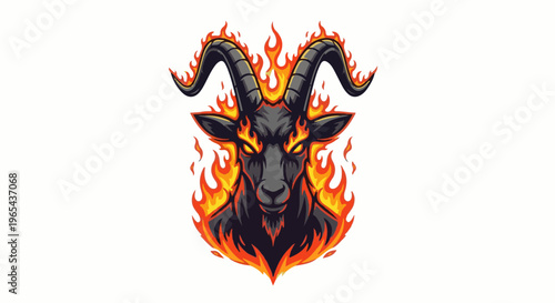 Fierce black goat head wreathed in licking flames, glowing eyes