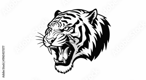 Fierce black and white illustration of a tiger head roaring