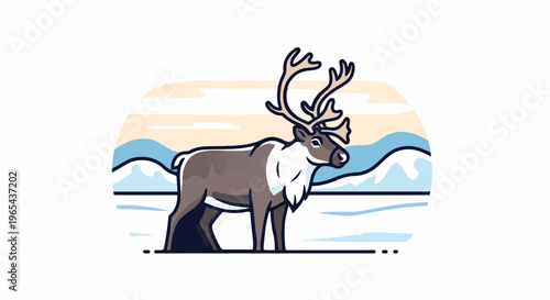 Cartoon reindeer with large antlers stands in a snowy landscape