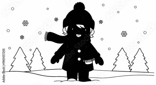 Cheerful child in warm clothes waving in a snowy landscape