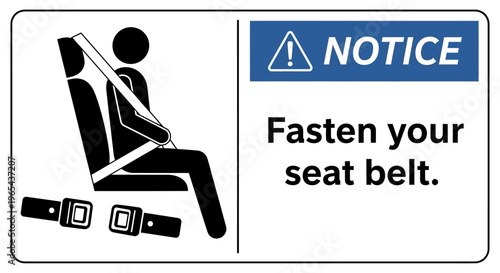 A person sits in a car seat wearing a seatbelt next to a notice.