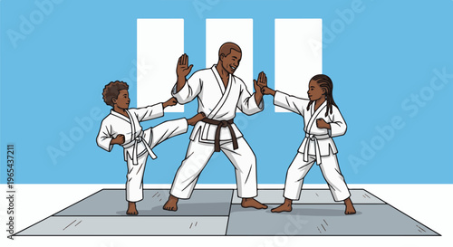 Diverse martial arts students practice karate with an instructor