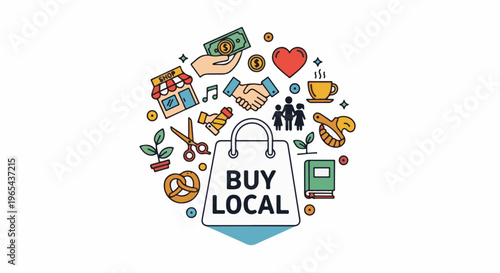 Diverse items surround a shopping bag promoting local commerce