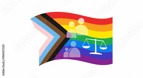 Diverse people and scales of justice over a pride flag